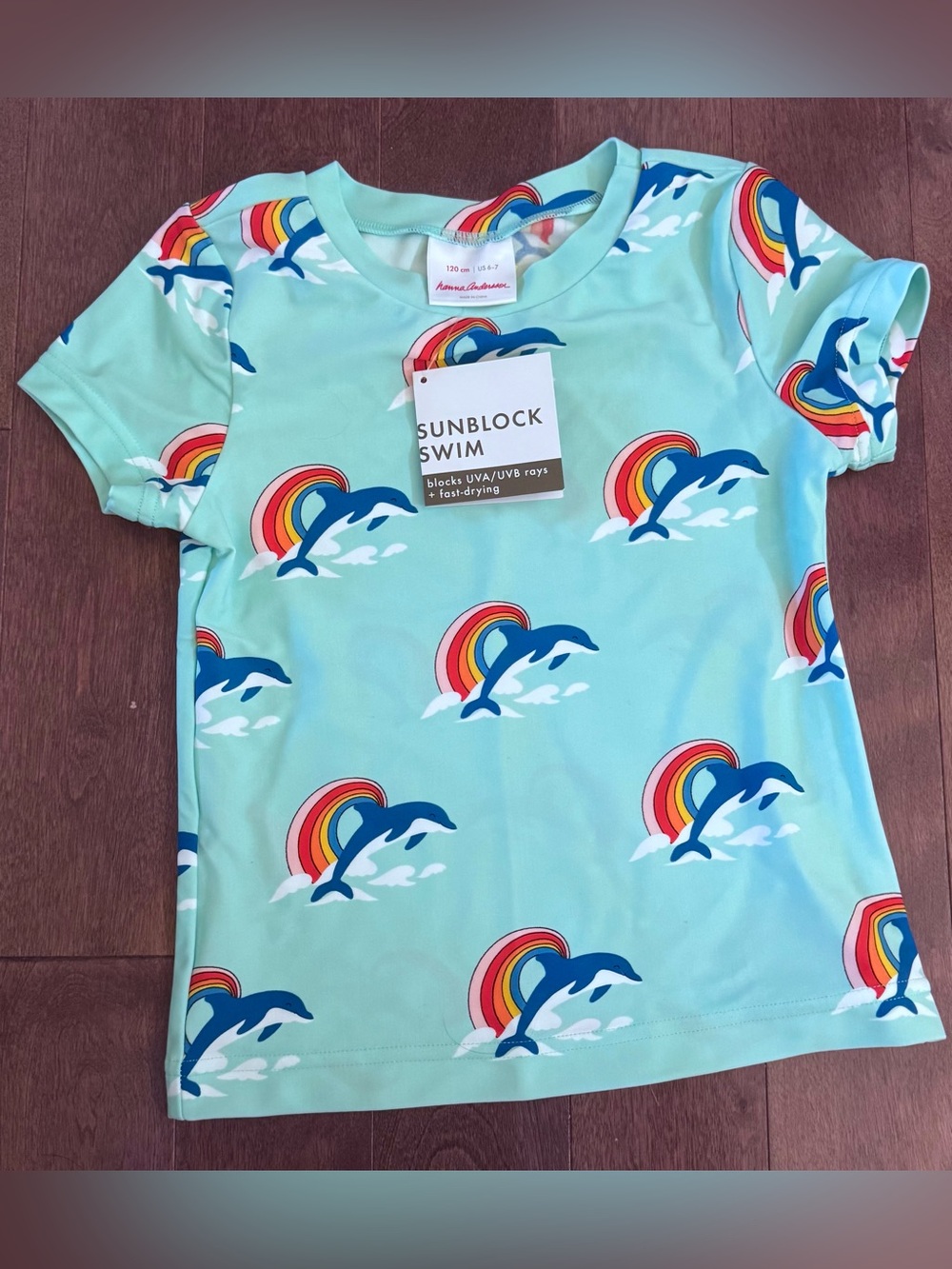 BNWT Hanna Andersson Kids Sunblock Swim Tee - Mint with Dolphin & Rainbow Print